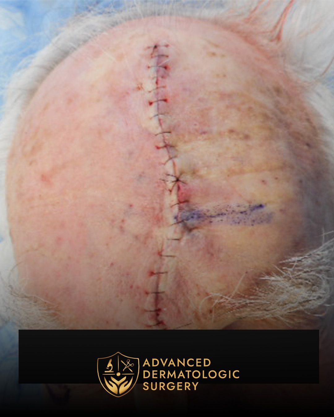 Close up of a post operative scar on a man's forehead after Mohs surgery at Advanced Dermatologic Surgery