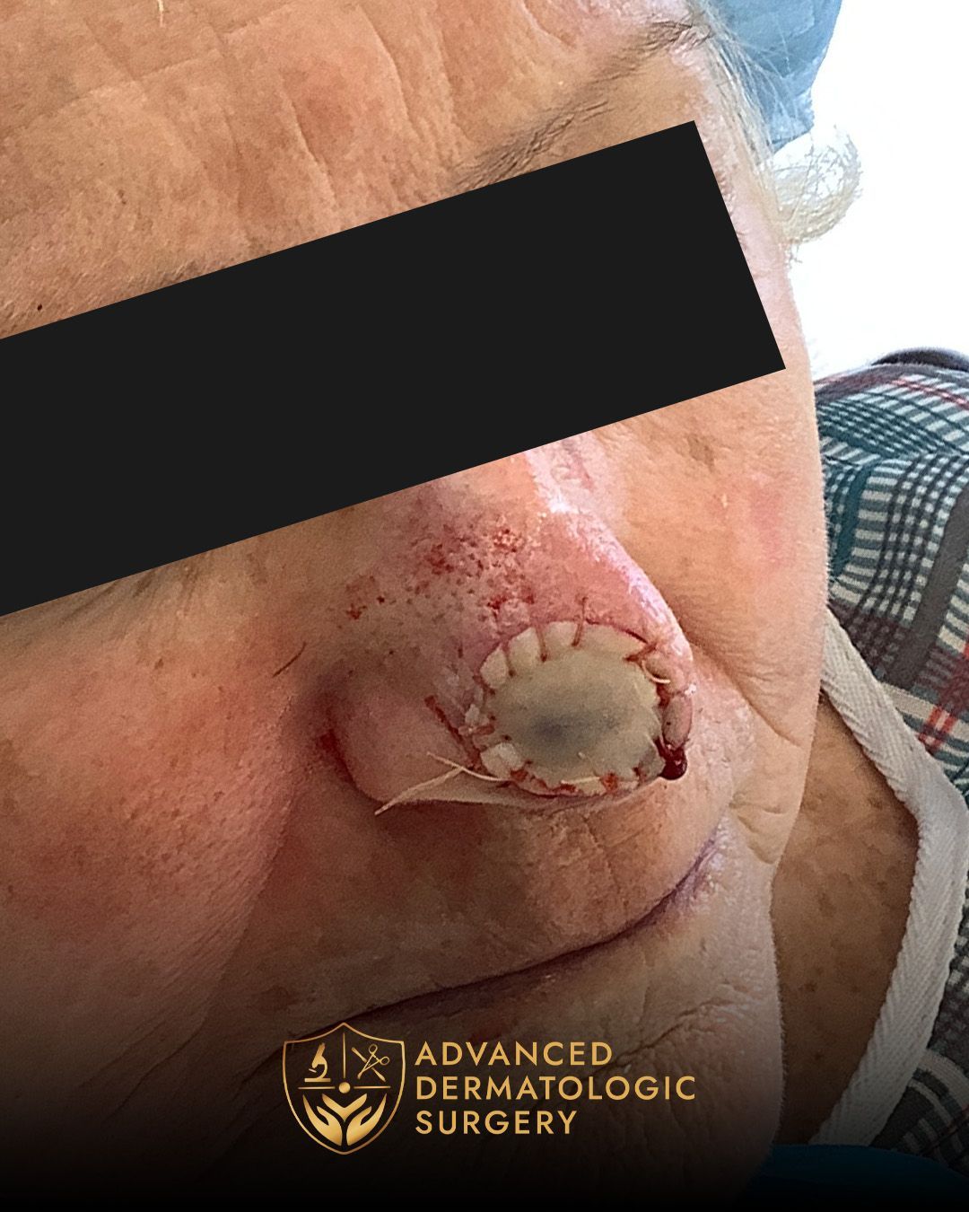 Close up of a post operative surgery on a man's nose for Mohs surgery at Advanced Dermatologic Surgery