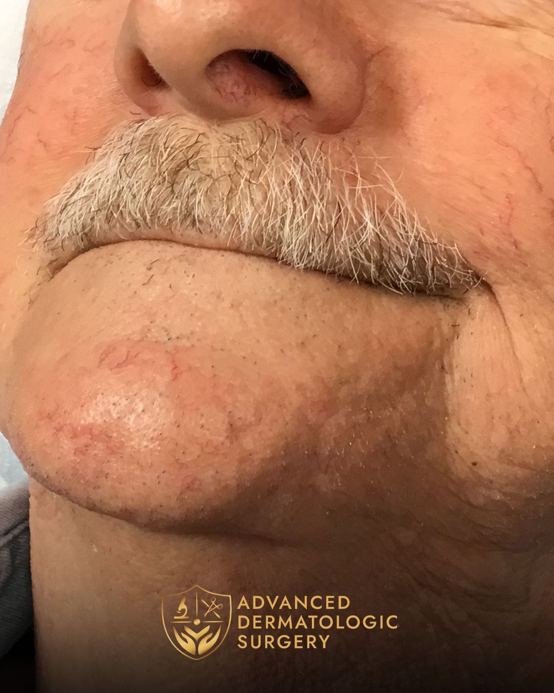 Close up of a mans chin after healing from Mohs surgery