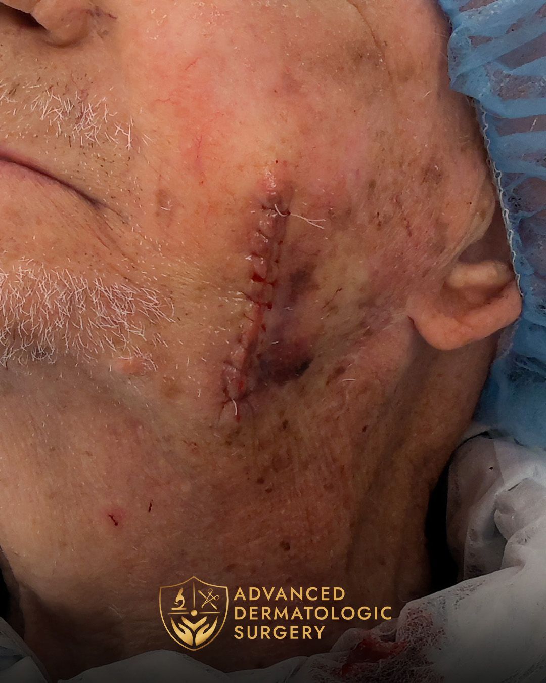 Close up of a mans cheek after receiving reconstruction surgery