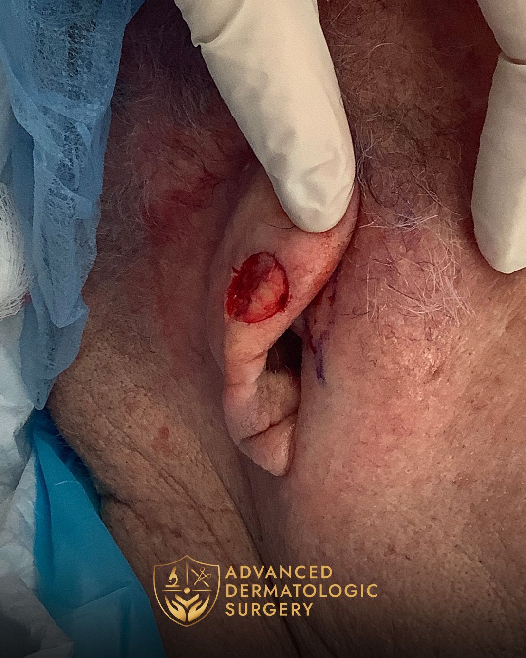 Close up of a man's ear after Mohs surgery