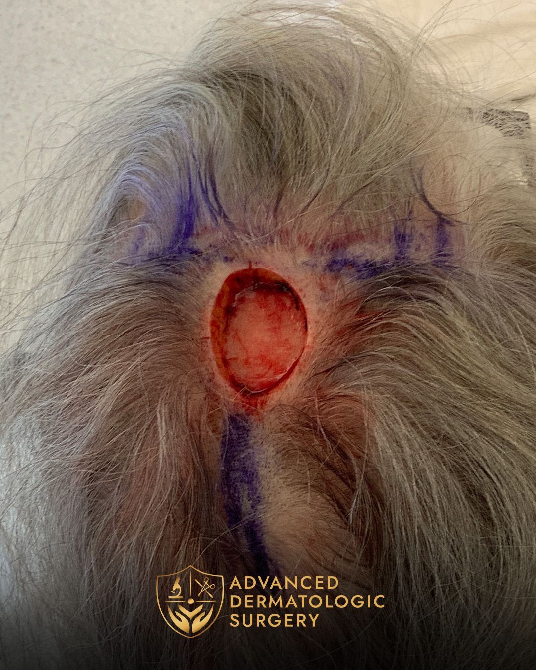 Close up of a Post Mohs surgery on a scalp