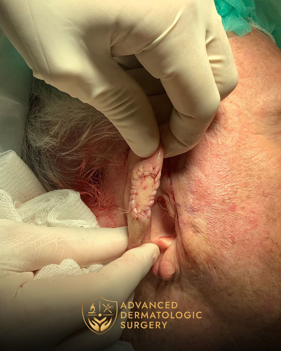 Close up of a man's ear after reconstruction surgery at Advanced Dermatologic Surgery