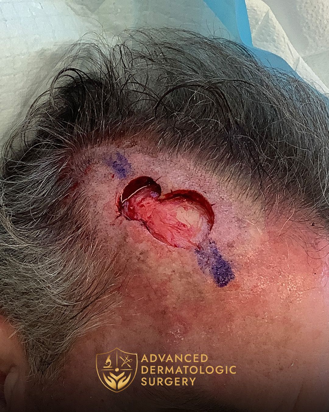 Close up of a Post Mohs surgery on a scalp at Advanced Dermatologic Surgery