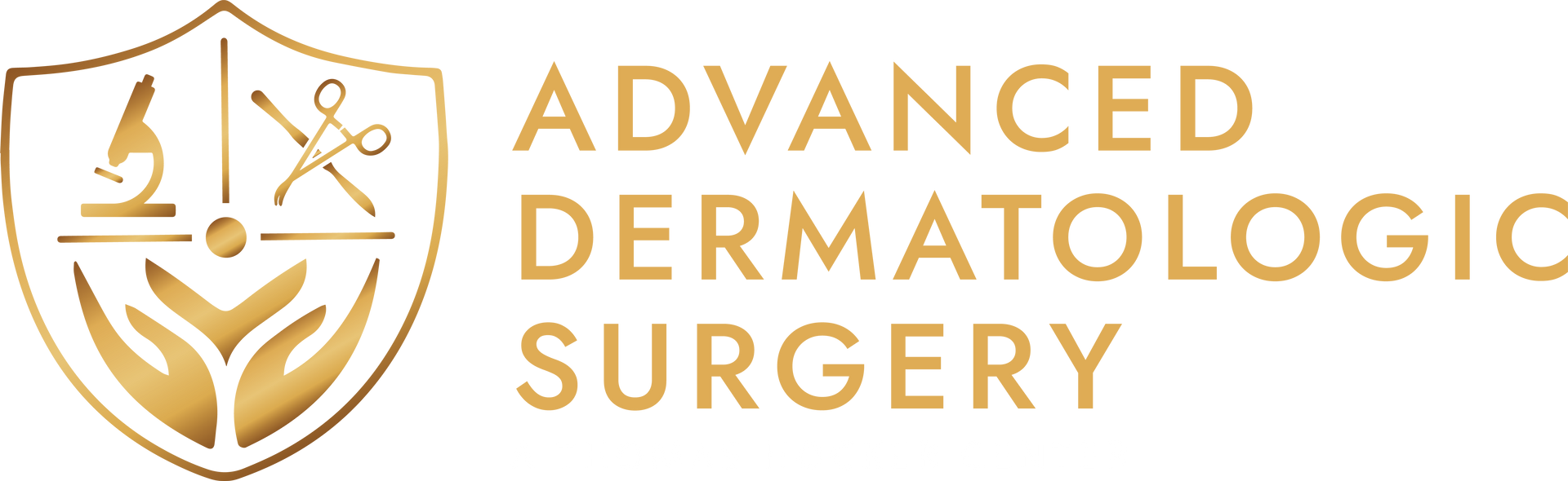 The logo for advanced dermatologic surgery has a shield with scissors and a microscope on it.