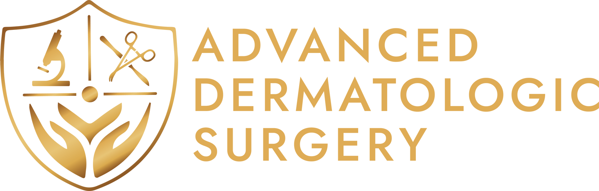 The logo for advanced dermatologic surgery has a shield with scissors and a microscope on it.