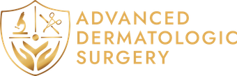 The logo for advanced dermatologic surgery has a shield with scissors and a microscope on it.