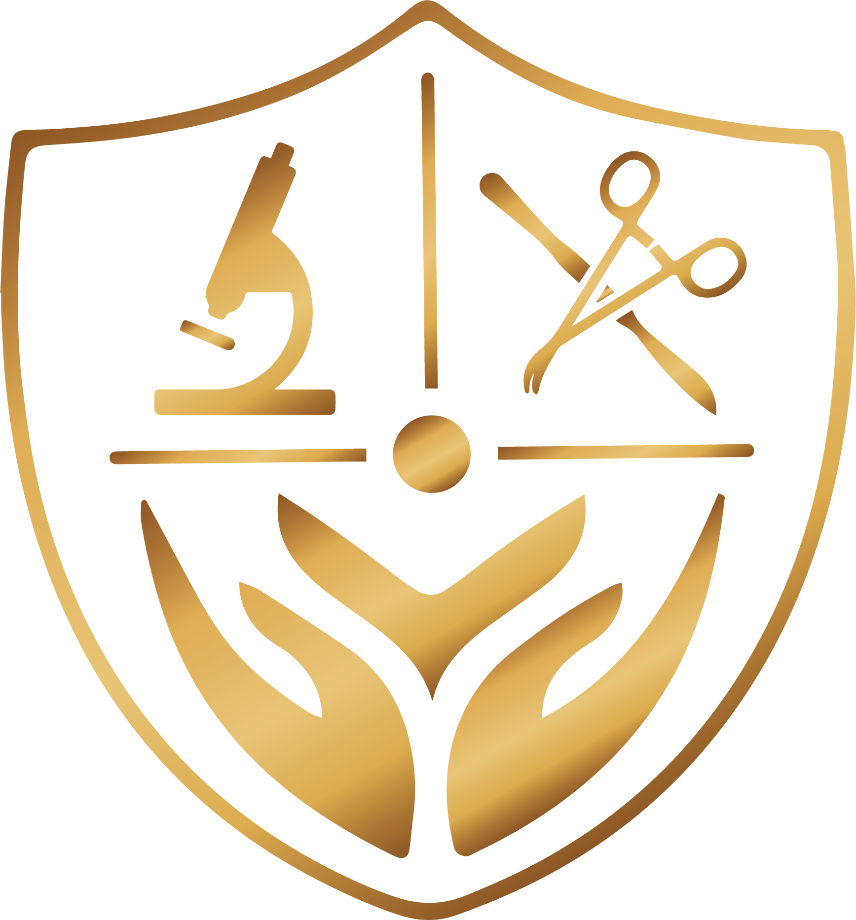 The icon for Advanced Dermatologic Surgery: A shield with a microscope , scissors , and a pair of hands on it