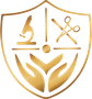 The icon for Advanced Dermatologic Surgery: A shield with a microscope , scissors , and a pair of hands on it