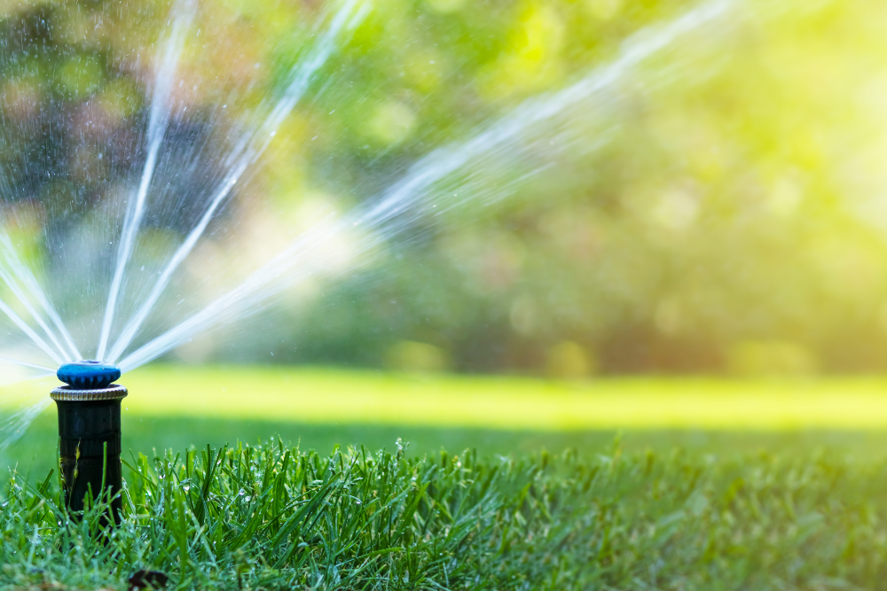 A sprinkler is spraying water on a lush green lawn.