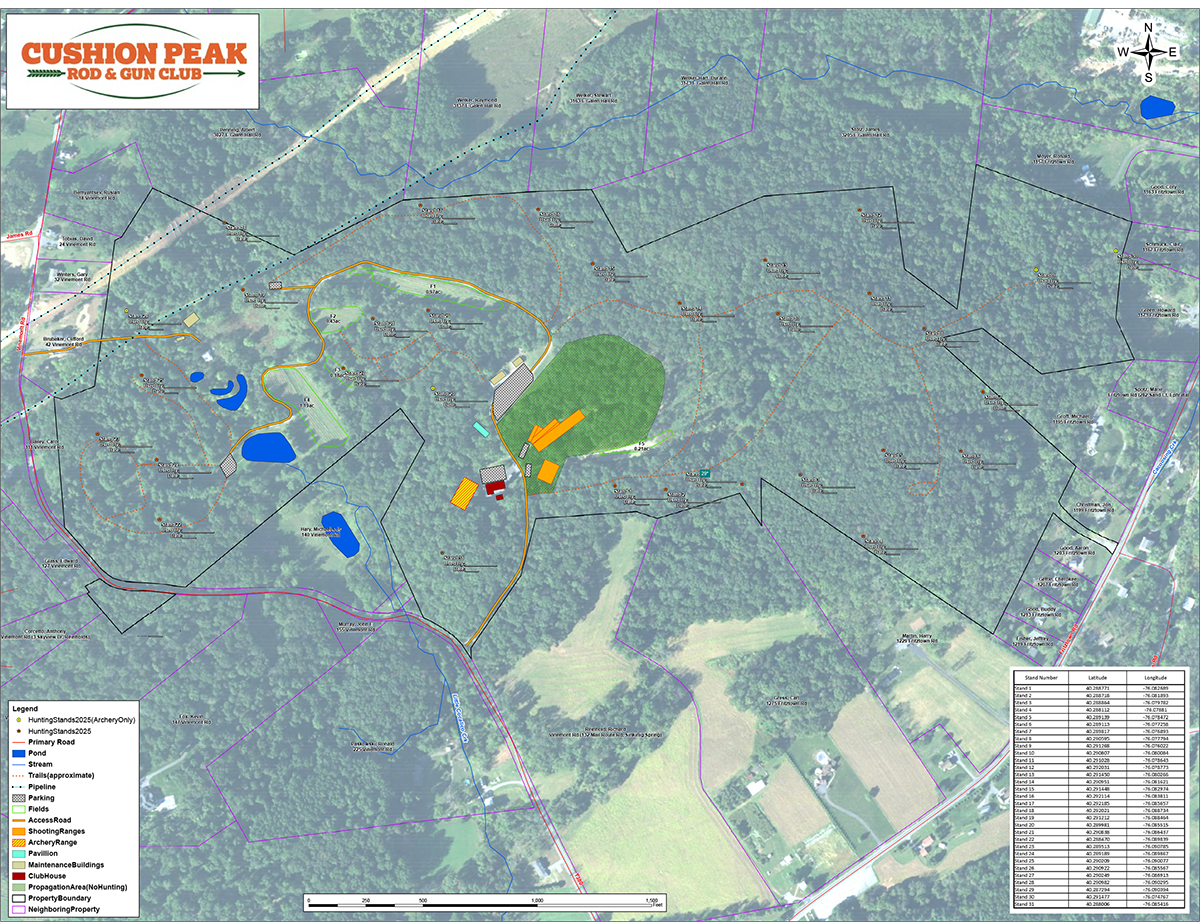 Tree Stand map with a green highlighted area and colored markers over a satellite-style landscape.