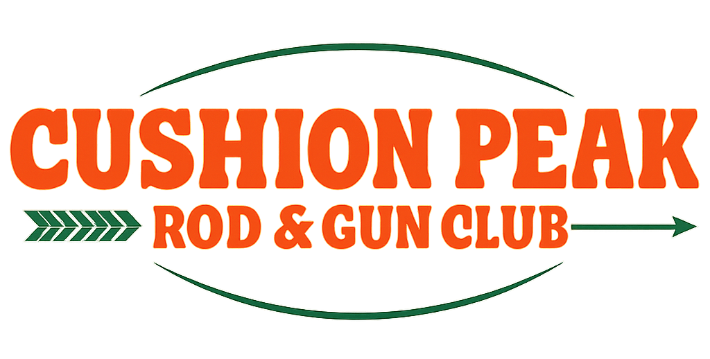 Cushion Peak Rod & Gun Club logo in orange and green with an oval arrow design