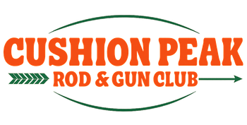 Cushion Peak Rod & Gun Club logo in orange and green with an oval arrow design