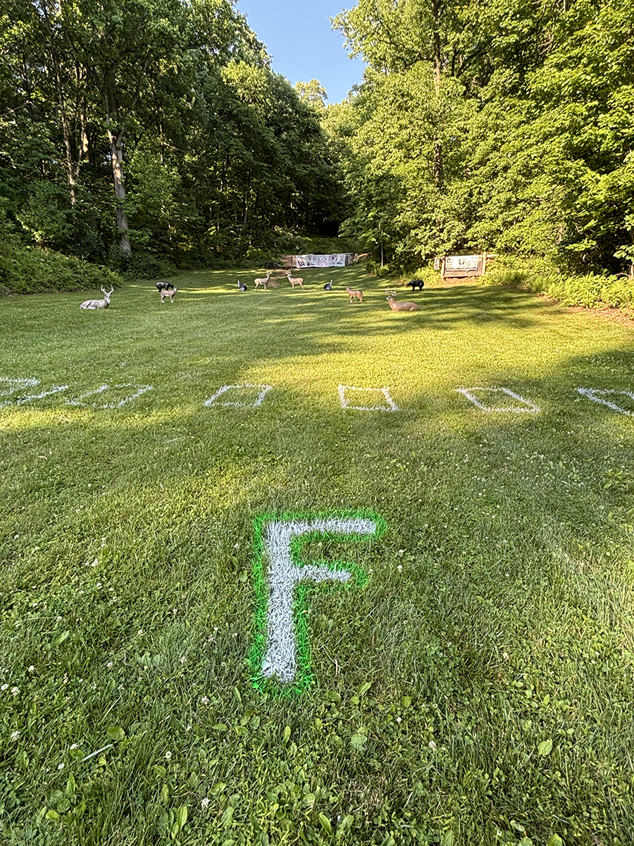 Grassy field with white letter F marked in the foreground, trees lining the background.
