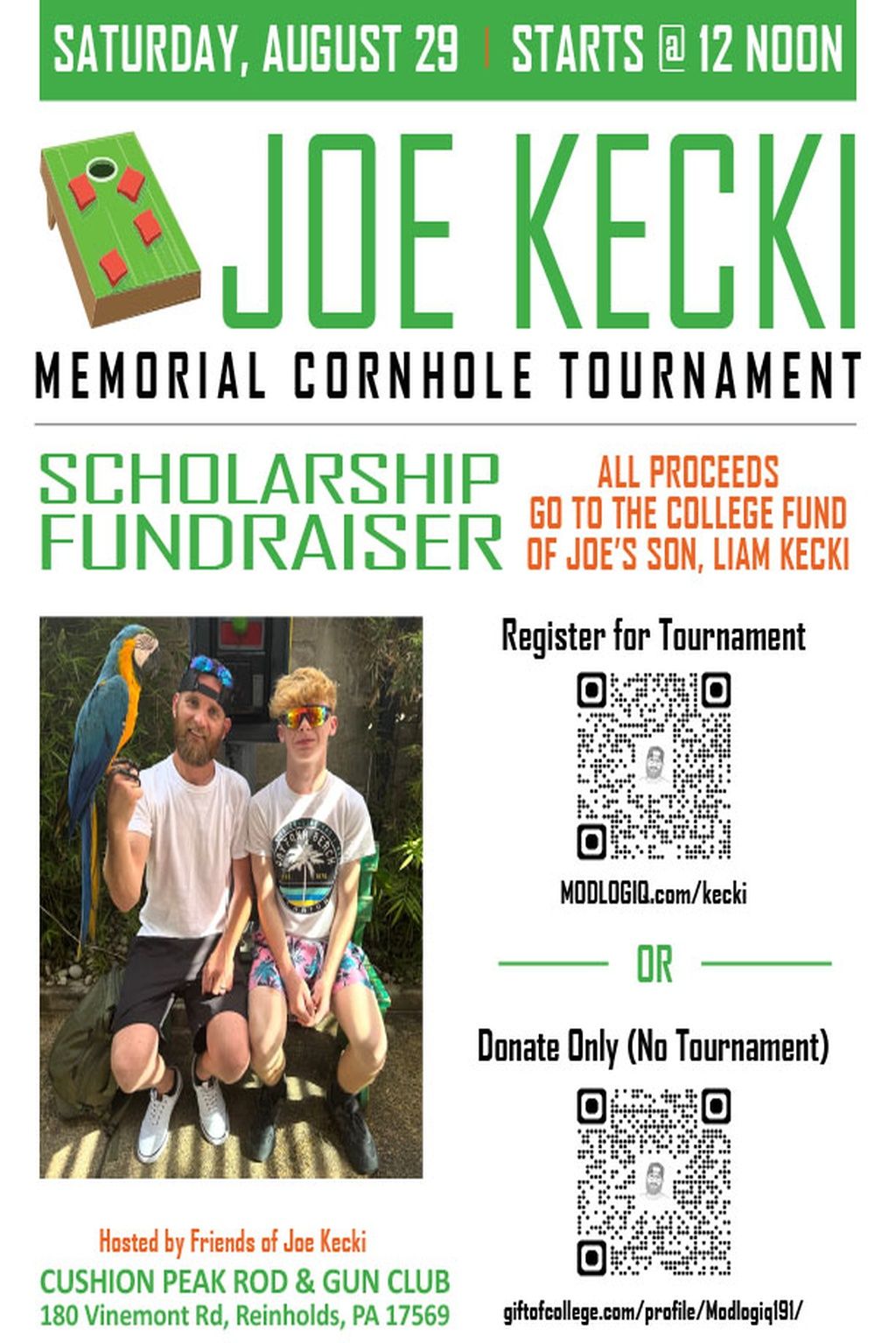 Joe Kecki Memorial Cornhole Tournament scholarship fundraiser poster with QR codes and player photo.