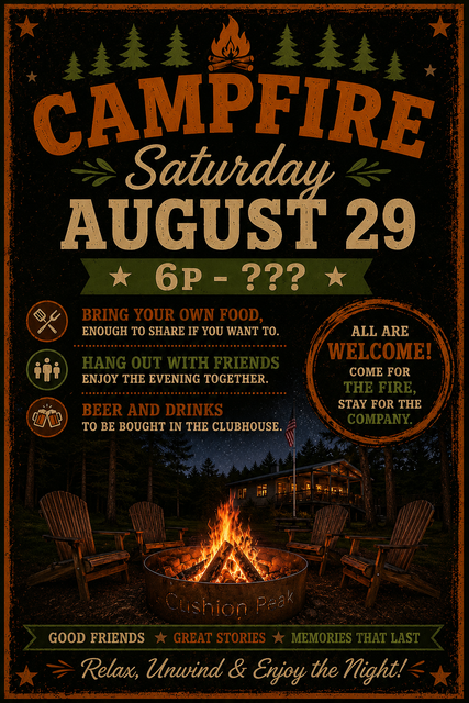 Campfire Saturday August 29 event poster with orange text, campfire scene, and live music details