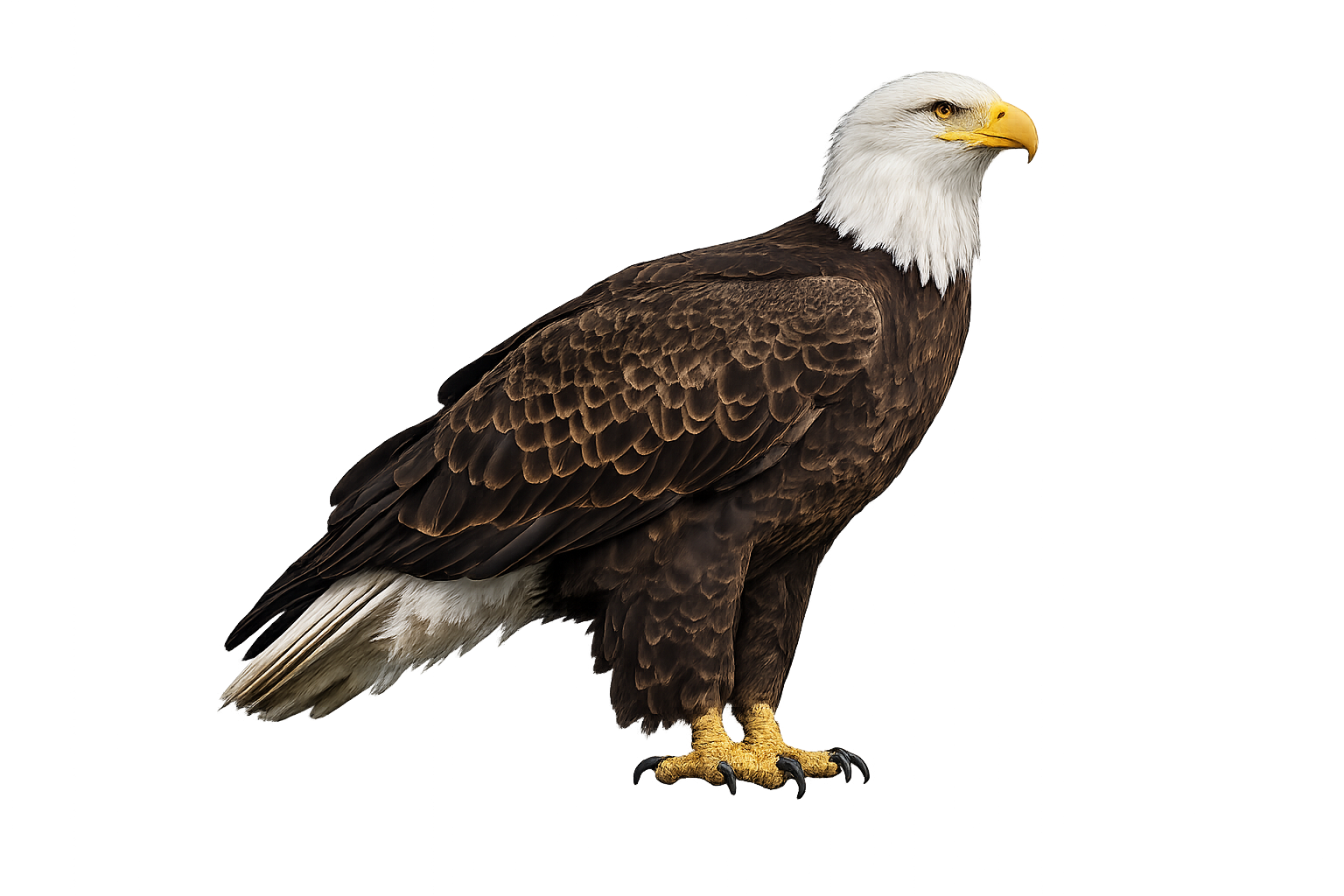 Bald eagle with white head and dark brown body standing on a white background