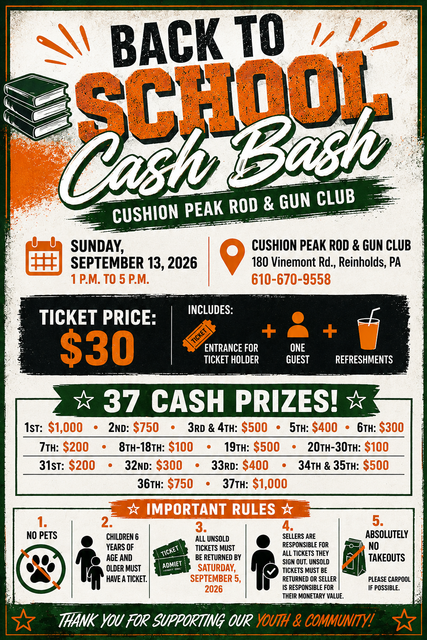 Back to School Cash Bash flyer with ticket price, date, location, and $37 cash prizes