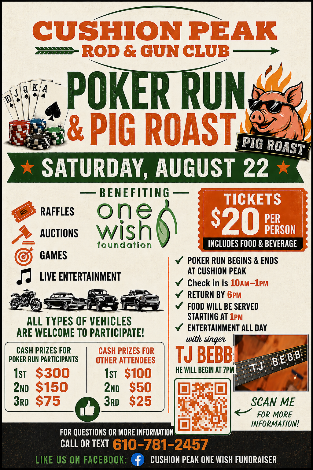 Poker run and pig roast fundraiser poster for Cushion Peak Rod & Gun Club, with bright orange and green text.