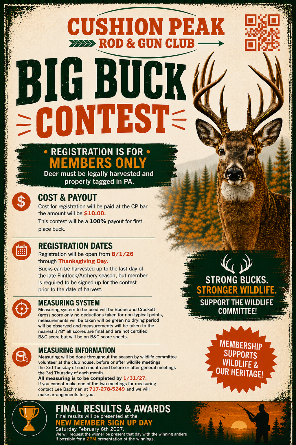Cushion Peak Rod & Gun Club Big Buck Contest poster with deer, orange and green text, and event details.