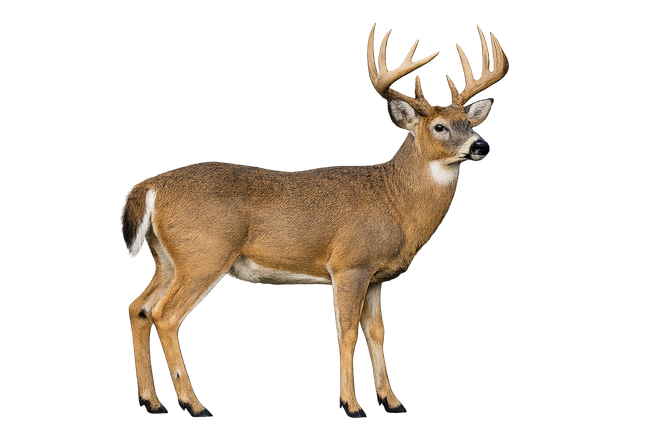 Brown deer with antlers standing on a white background