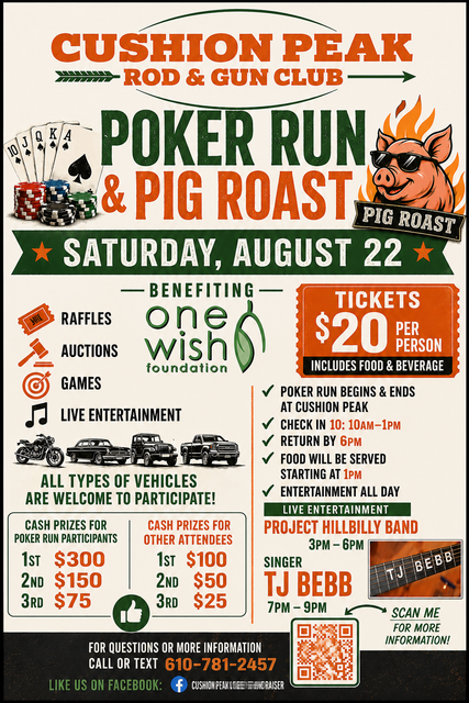 Poster for Cushion Peak Rod & Gun Club poker run and pig roast, Saturday August 22, with event details and tickets info.