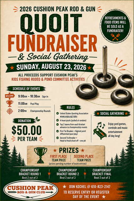 Poster for 2026 Quoit Fundraisers & Social Gathering, Sunday Aug. 23, with quoit rings and event details.