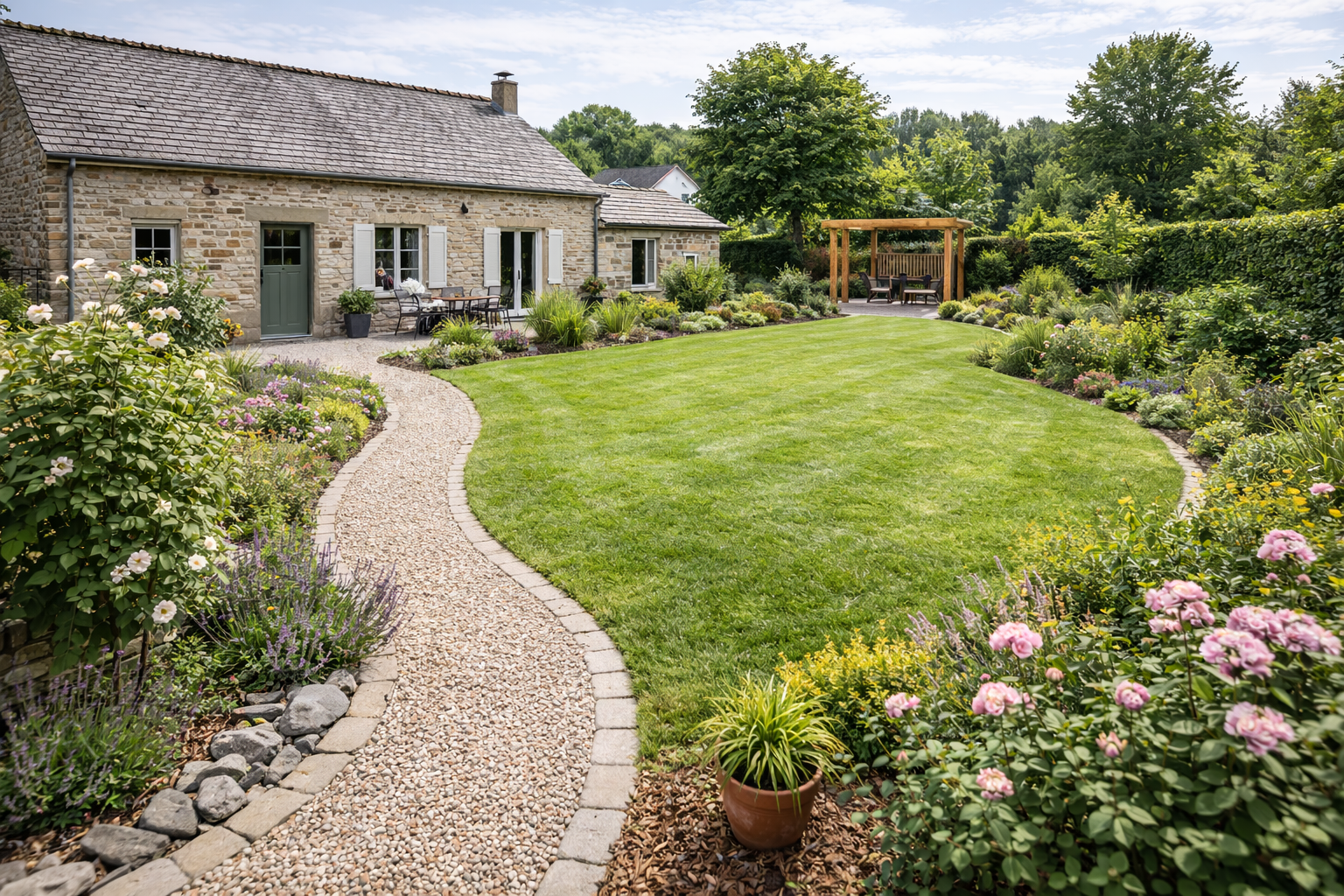 Jardin de cottage en pierre avec allée de gravier sinueuse, pelouse verte et fleurs roses sous des arbres ensoleillés