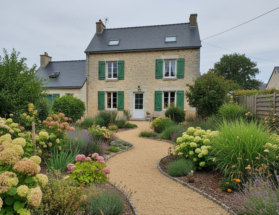 Maison en pierre aux volets verts, précédée d'un chemin de gravier sinueux et bordée de fleurs colorées dans le jardin.