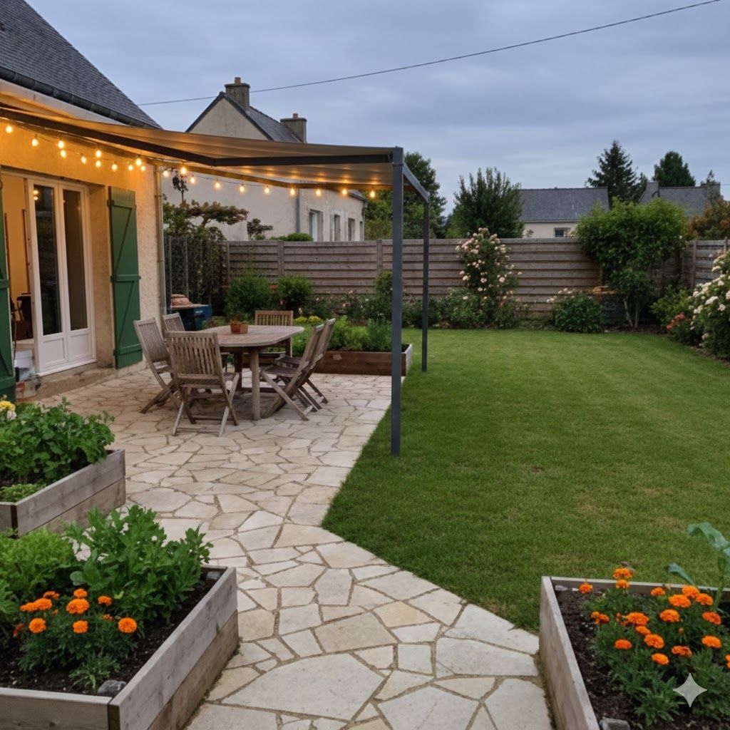 Terrasse arrière avec guirlandes lumineuses, allée en pierre, table en bois et pelouse verte au crépuscule
