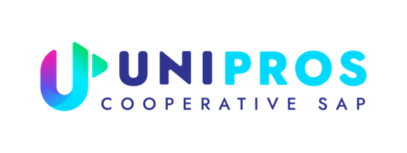 Logo SAP de la coopérative UNIPROS en violet et cyan avec icône U stylisée et texte