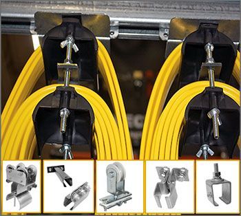 Yellow cables hanging from black brackets, with several other hanging bracket types below.