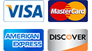 Credit card logos: Visa, Mastercard, American Express, and Discover.