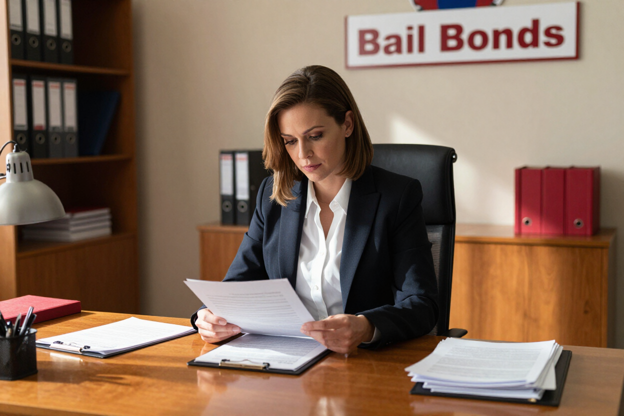 Bail bond agent reviewing documents