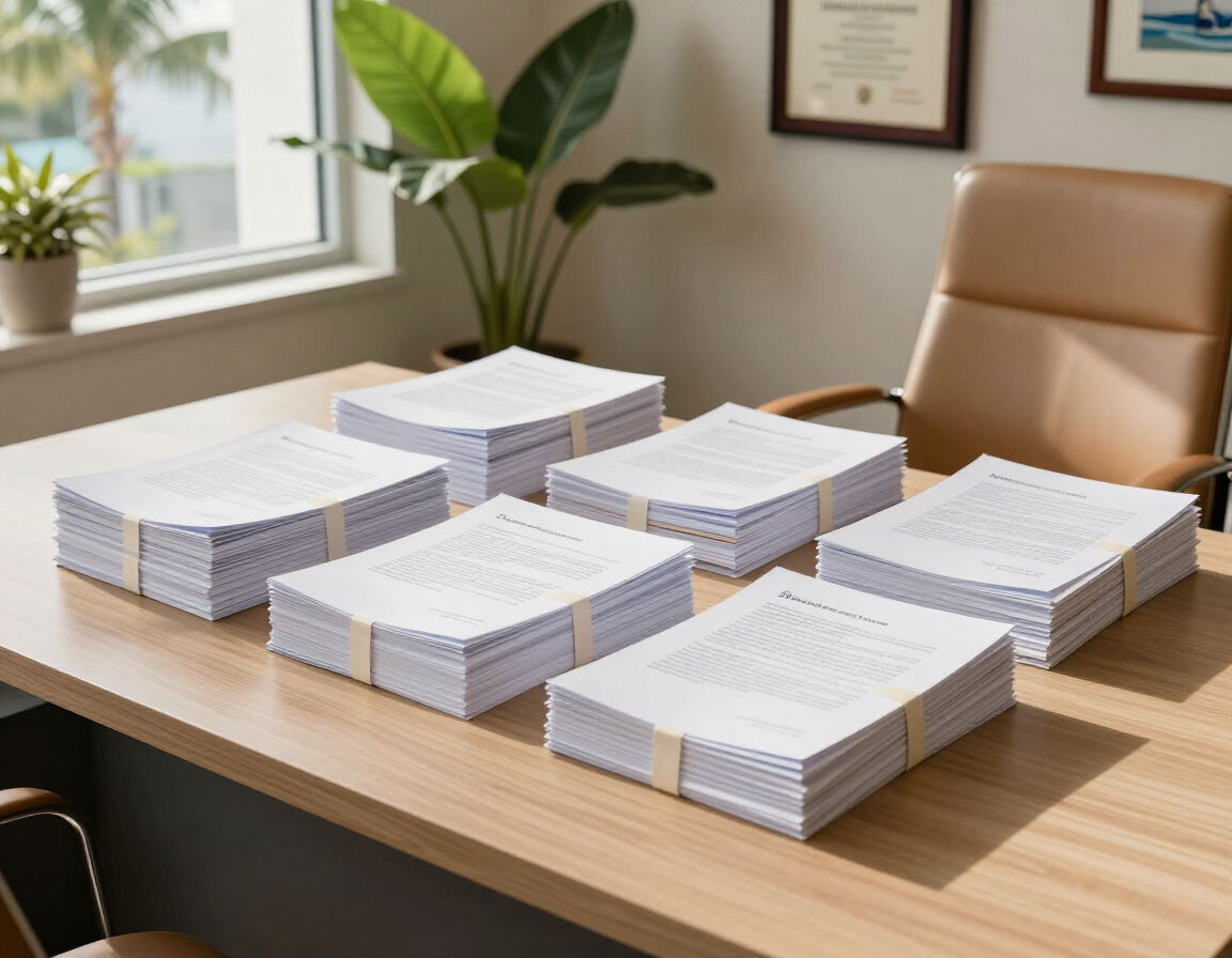 Stacked surety bond documents in a Tampa office