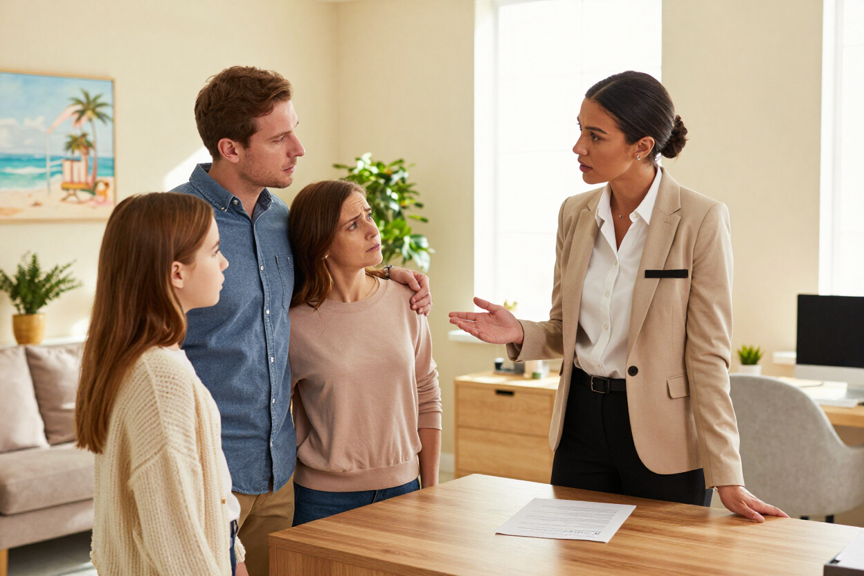 Bail bond agent speaking with a family in a Tampa office