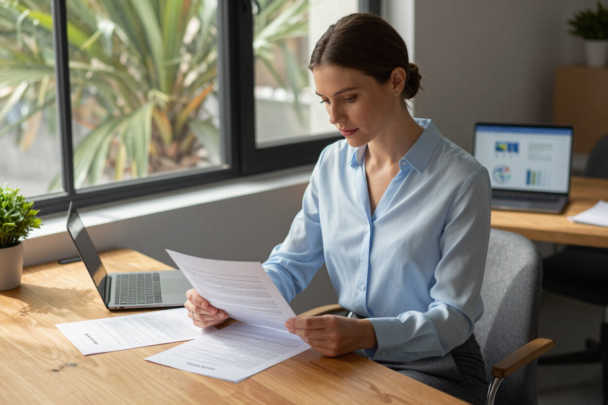Licensed surety bond agent at Annie Bail Bonds reviewing paperwork in a Tampa, Florida office.
