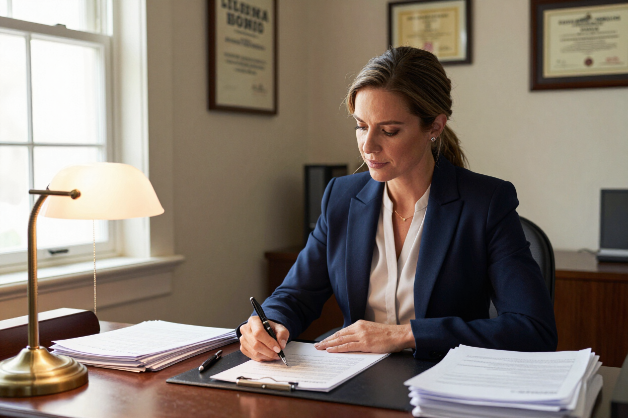 Bail bond agent working at office desk