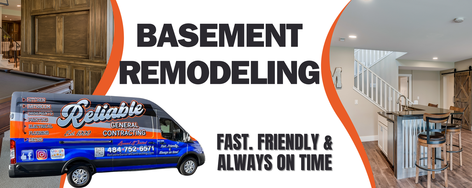 A blue van is parked in front of a picture of a basement remodel.