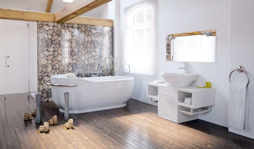 A bathroom with a bathtub , sink , mirror and wooden floor
