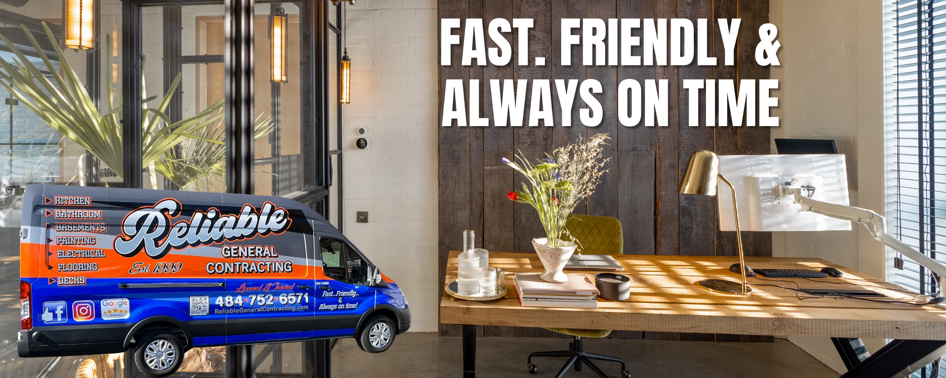 A blue van is parked in front of a wooden desk in an office.