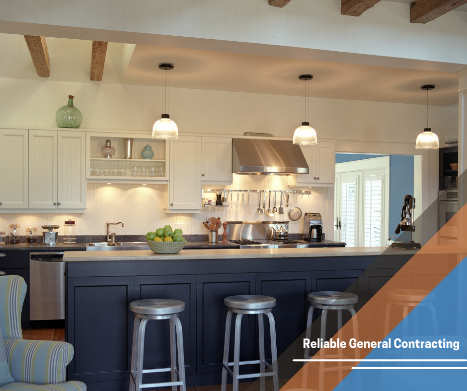 A kitchen with the words reliable general contracting on the bottom