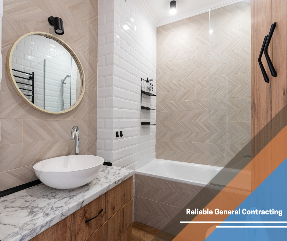 A bathroom with a sink , mirror and bathtub.