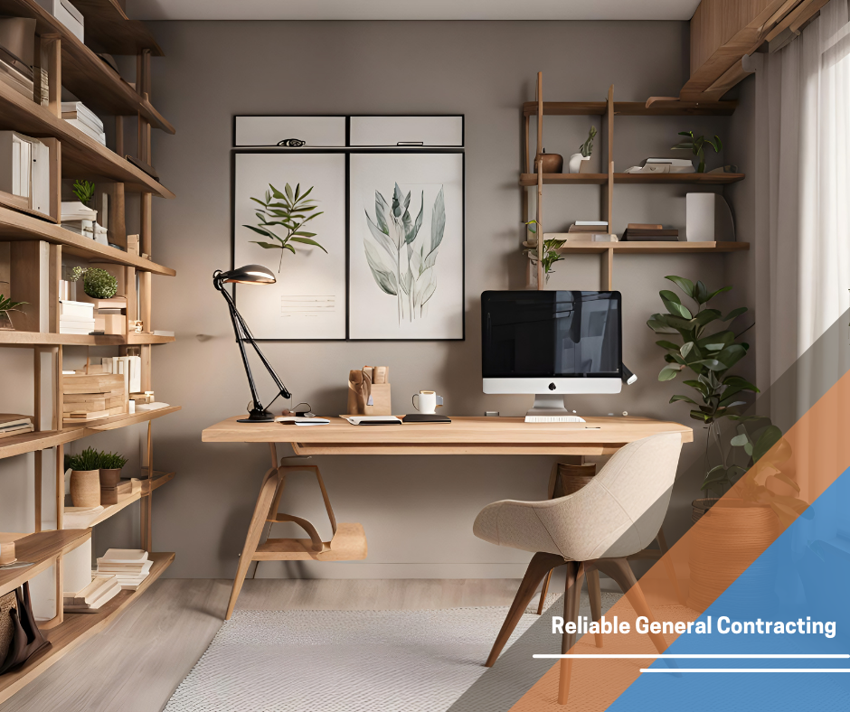 A home office with a desk and chair and a computer on it.