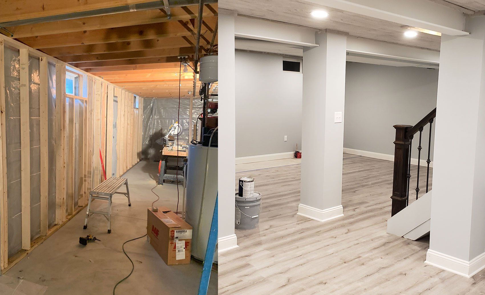 A before and after photo of a basement being remodeled.