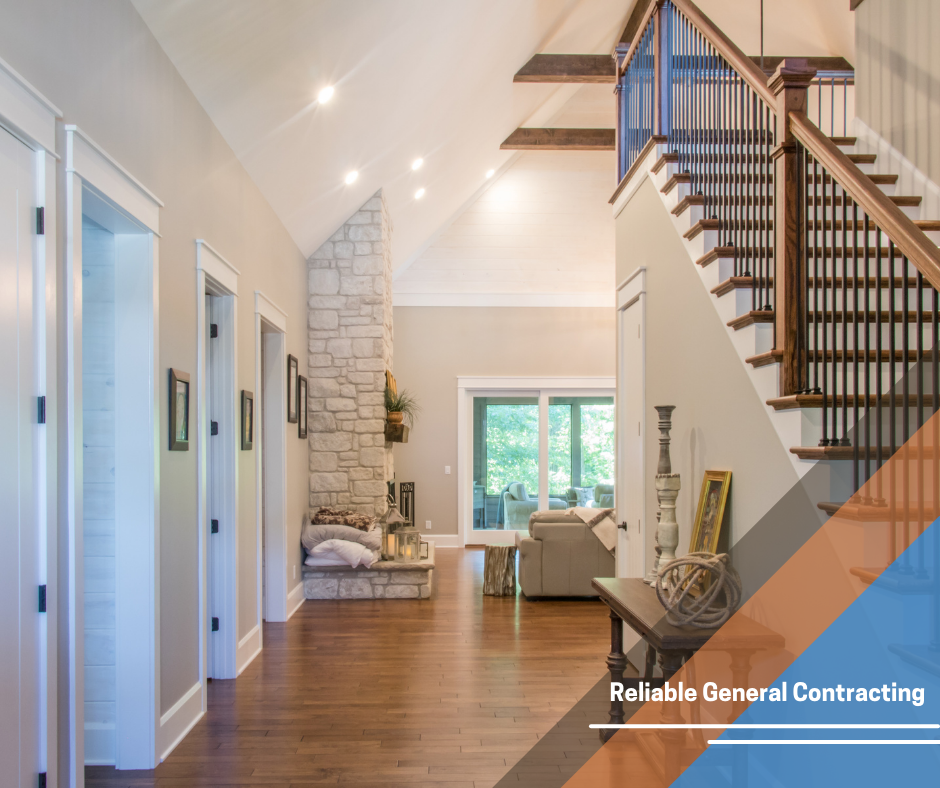 A brochure for reliable general contracting shows a living room and stairs