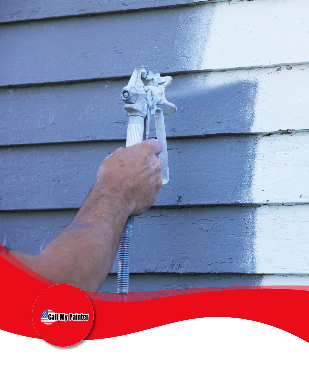 Person spraying gray paint on siding with a paint sprayer.