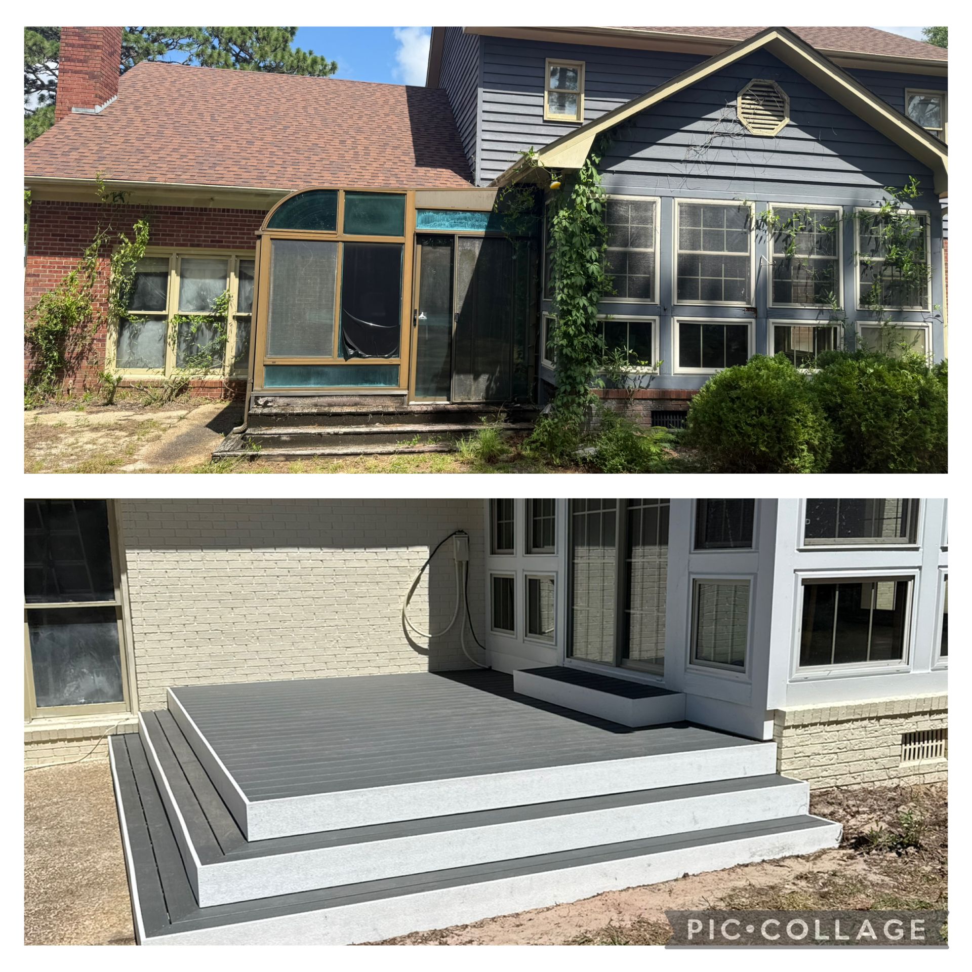 Before and after of a house exterior renovation: dilapidated porch replaced with a new deck and painted brick.