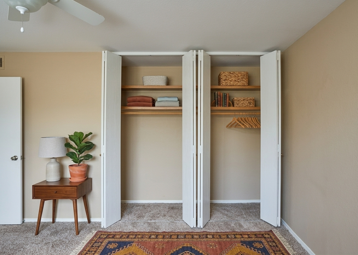Empty bedroom with two mirrored closets, tan walls, and beige carpet.