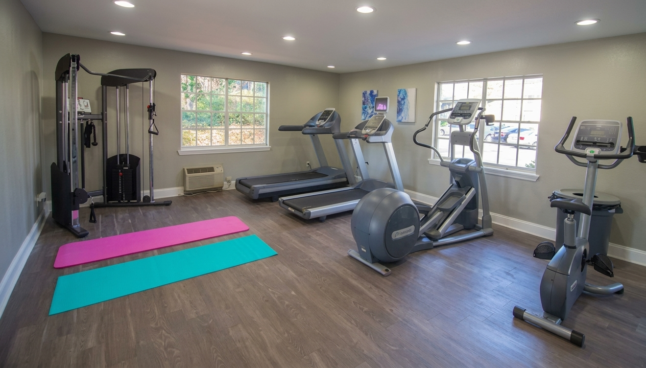 Gym with exercise equipment, including treadmills, elliptical, stationary bike, and weight machine.